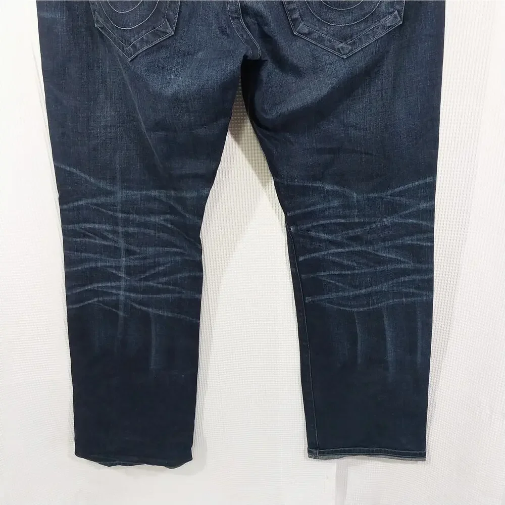 TRUE RELIGION! FAB DEEP BLUE, LOGO POCKET OMBRE FADE STRAIGHT LEG JEANS! SZ 36